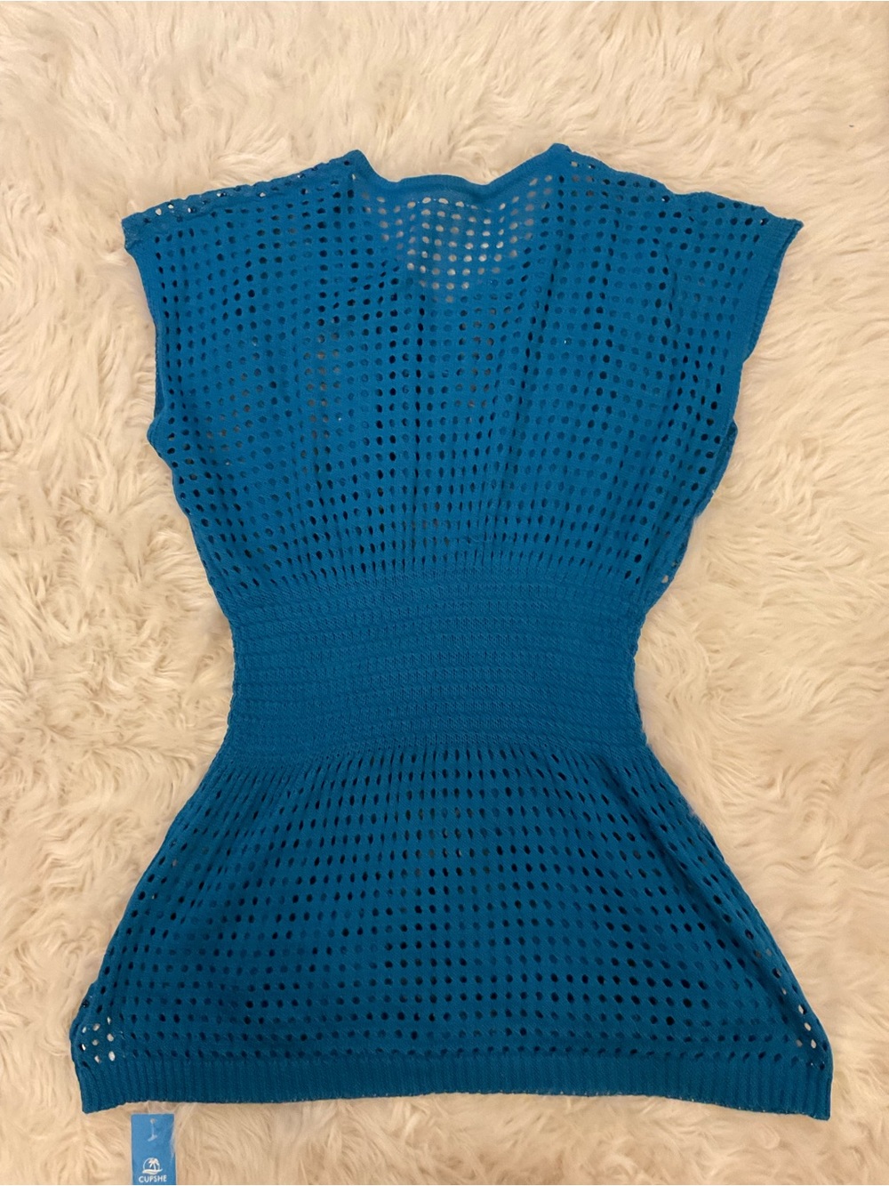 Cupshe Teal-Blue Open-Knit Smocked-Waist Mini Dress Cover up